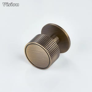 May include: Bronze-toned cabinet knob with a cylindrical body and a circular base. The cylindrical portion features vertical grooves, and the knob has a brushed metal finish. The word "Vision" is in the top left corner.