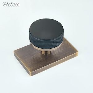 Pode incluir: Um puxador de móvel com topo circular preto mate e borda serrilhada texturizada, montado numa placa de base retangular de latão antigo escovado. A palavra Vision está impressa no canto superior esquerdo com uma fonte serifada preta.