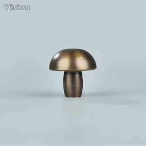 May include: A bronze-colored mushroom-shaped cabinet knob. The knob has a rounded top and a cylindrical stem. The word "Vision" is in the upper left corner. The knob is likely used for furniture or decorative purposes.
