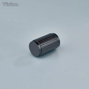 May include: A black cylindrical object with a flat top and ridged sides. The object is lying on a light gray surface. The word "Vision" is in the top left corner.