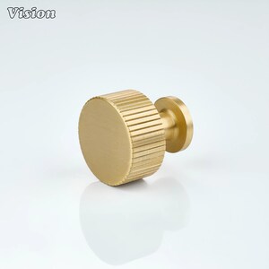 May include: A gold-colored cabinet knob with a cylindrical body and a circular face. The body has a ridged texture, and the knob has a small, circular base. The word "Vision" is in the top left corner.