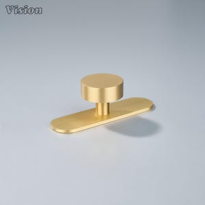 May include: A gold-coloured cabinet knob with a cylindrical top and a rectangular base. The knob has a minimalist design and is likely made of metal. The word "Vision" is in the top left corner.