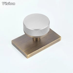 Pode incluir: Um puxador de móvel com topo circular prateado com borda texturizada e serrilhada, montado numa placa de base retangular em latão antigo escovado. A palavra Vision está impressa no canto superior esquerdo da imagem.