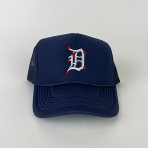 Letter “D” on Navy Trucker Hat / Detroit Baseball Hat with Embroidered Hearts