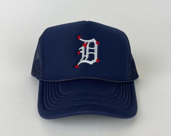 Letter “D” on Navy Trucker Hat / Detroit Baseball Hat with Embroidered Hearts