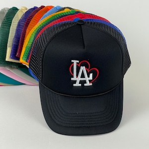 LA Los Angeles Trucker Cap, Baseball Hat with 2 Embroidered Hearts