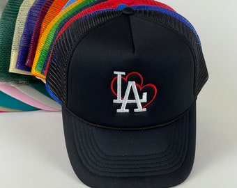 LA Los Angeles Trucker Cap, Baseball Hat with 2 Embroidered Hearts
