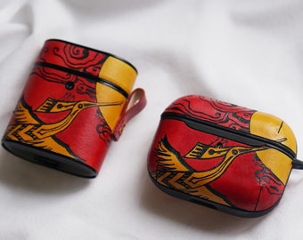 Hand-drawn Crane Design for AirPods 1, 2, 3, 4, and Pro - Personalized Handcrafted Genuine Leather AirPods Case - Custom AirPods Cover