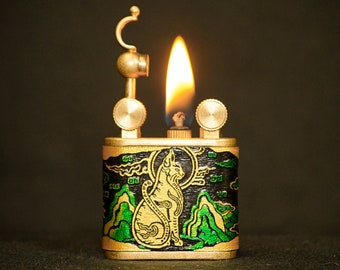 Handmade Cat Design Leather Lighter – Refillable Copper Lighter