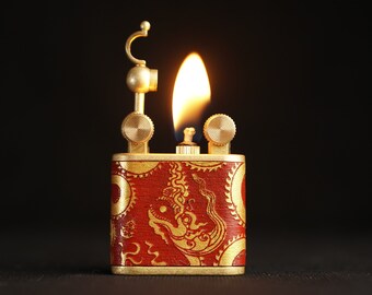 Hand-drawn Dragon Design Refillable Lighter - Handcrafted Genuine Leather and Pure Copper Petrol Lighter with Name Engraving