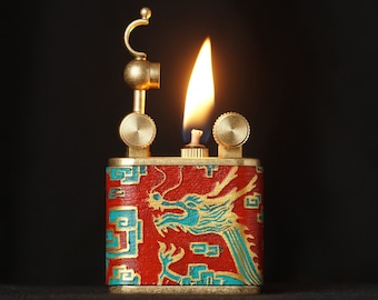 Hand-drawn Burning Dragon Design For Refillable Lighter -  Handcrafted Genuine Leather and Pure Copper Petrol Lighter