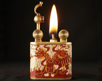 Cerberus Design Refillable Lighter With Name Engraving - Handcrafted Genuine Leather and Pure Copper Petrol Lighter