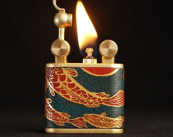 Handmade Leather Lighter – Refillable Pure Copper, Engraved Koi Fish