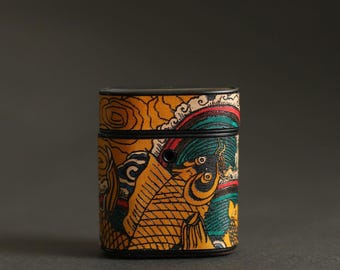 Hand-drawn Fish Design for AirPods 1, 2, 3, 4, and Pro - Personalized Handcrafted Genuine Leather AirPods Case - Custom AirPods Cover