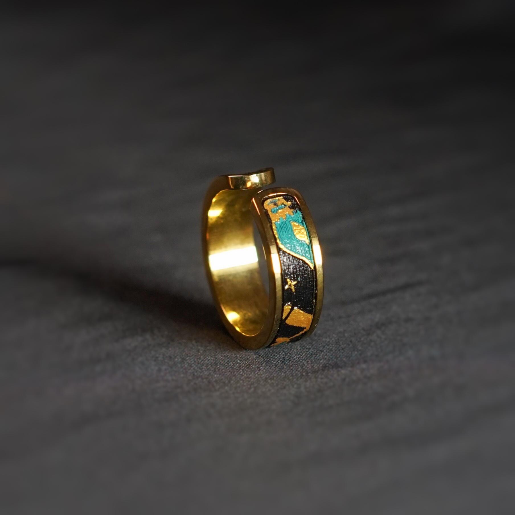 Hand-painted Leather Ring: Artisan Gold Stainless Steel Ring - Etsy