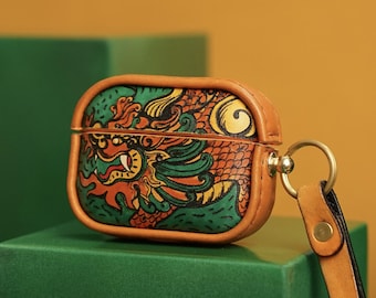 Hand-drawn Dragon Design for AirPods 3 and Pro, Pro 2 - Personalized Handcrafted Genuine Leather AirPods Case - Custom AirPods Cover