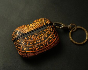 Hand-drawn Vietnamese Drum Design for AirPods 1, 2, 3, 4, and Pro - Handcrafted Genuine Leather AirPods Case With Keychain