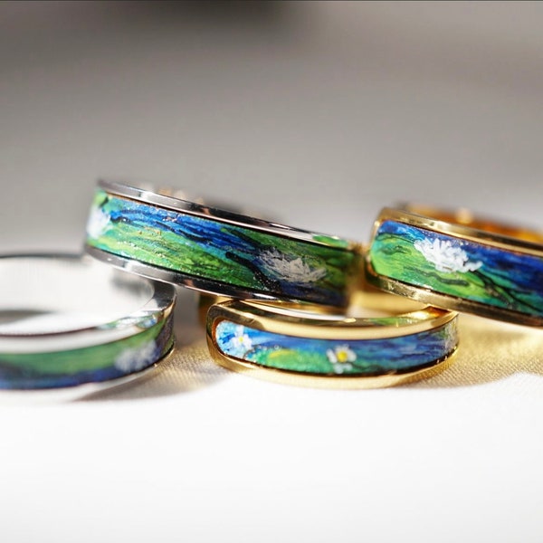 Claude Monet Water Lilies Inspiration for Ring Design - Artisan Crafted Genuine Leather Ring - Hand-Drawn Leather Rings