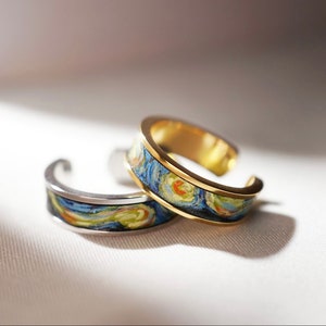 Starry Night Design Stainless Steel Ring - Hand-Drawn Leather Ring - Van Gogh Inspiration