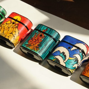 Hand-drawn Design for AirPods 1,2,3,4, and Pro Case - Leather AirPods Case With Name Engraving - 5 Elements of Chinese Cosmology Inspiration