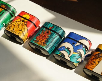 Hand-drawn Design for AirPods 1,2,3,4, and Pro Case - Leather AirPods Case With Name Engraving - 5 Elements of Chinese Cosmology Inspiration