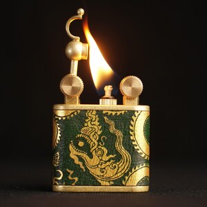 Hand-Drawn Dragon Leather Lighter – Pure Copper, Refillable Green