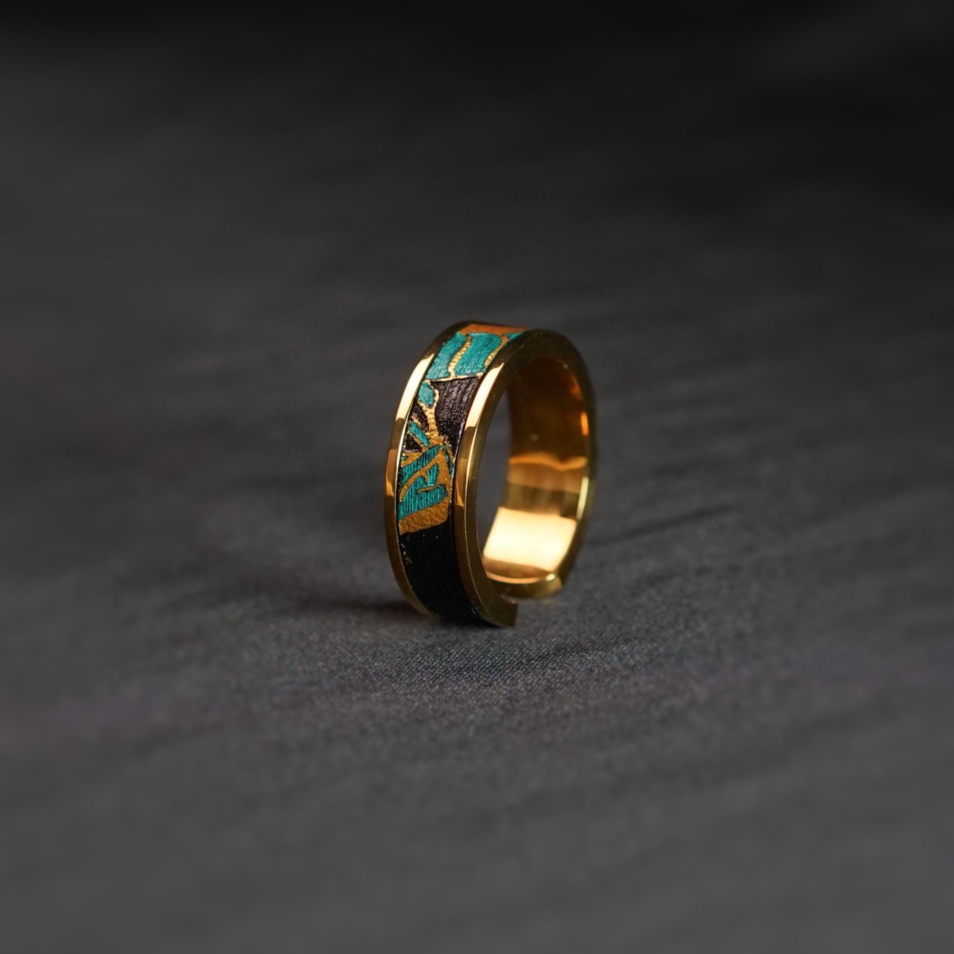 Hand-painted Leather Ring: Artisan Gold Stainless Steel Ring - Etsy