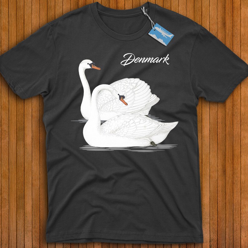 May include: A dark gray t-shirt with a white graphic of two swans. The text "Denmark" is printed in white above the swans.