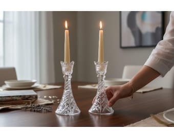 Crystal Tulip Candle Stick Holders 8" Elegant Clear Glass Decorative Pair