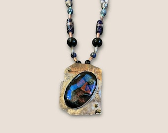 Handmade  Sterling Mixed Media Beaded Necklace With Dichroic Glass & Stone Pendant