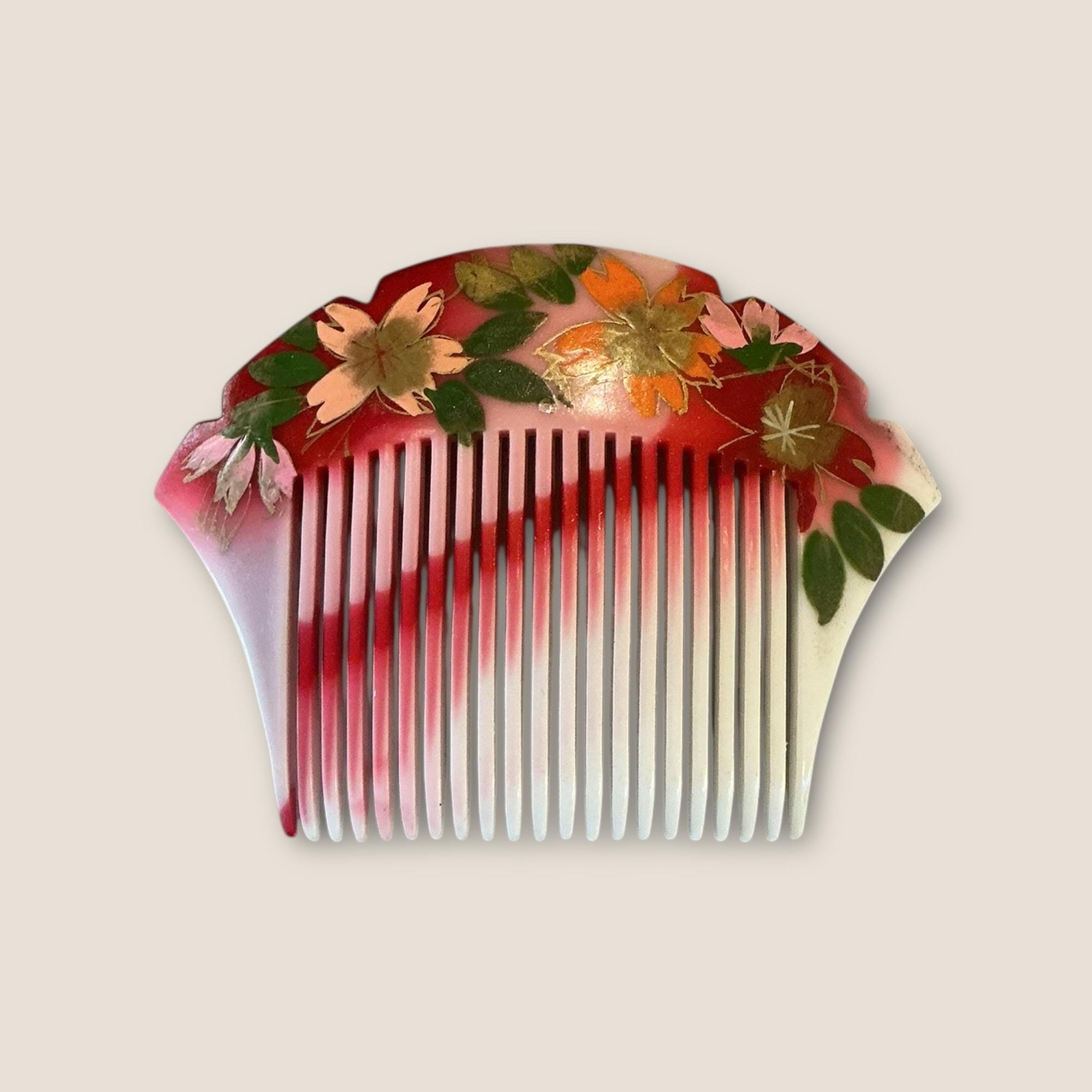 Vintage Japanese Floral Hair Comb Red & White With Pressed  display picture 1