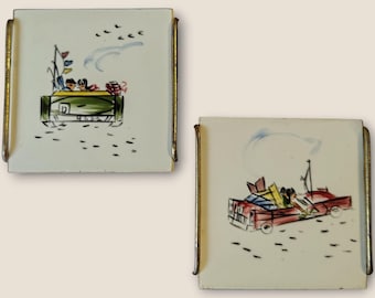 Vintage  Miniature Hand Painted Ceramic Coasters Set Of 2 With Vintage Car Designs