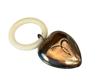 Silver Plate Heart Baby Rattle With White Ring - Vintage Keepsake Gift