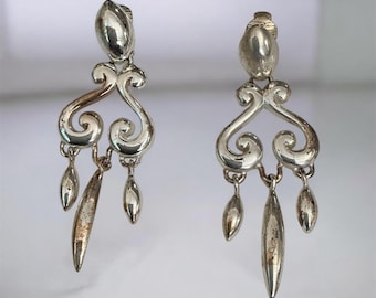 Sterling Silver Vintage Clip-On Dangle Earrings 12g Elegant Scroll Design