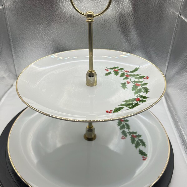 All The Trimmings/ 2 Tiered Christmas Holly with Berries Tidbit Serving Dish/ 2 tiered Christmas Tray