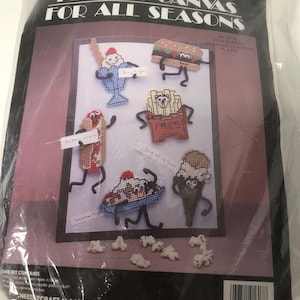 Needlecraft Ala Mode/ Plastic Canvas For All Seasons/ set of six food Magnets