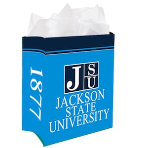 May include: Blue and white gift bag with the Jackson State University logo and the year 1877 printed on the side.