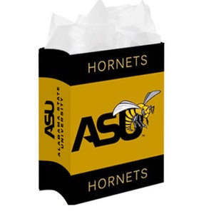 May include: A black and gold gift bag with the words "Hornets" and "ASU Alabama State University" printed on it. A yellow and black hornet mascot is also featured on the bag.