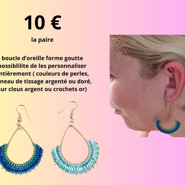 boucle oreille goutte tissées main, perles, cadeau, anniversaire, femme, fille, fête des mères, original, gouttes, plaqué or, plaqué argent