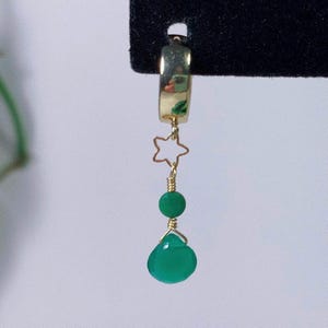 emerald star dangle huggies ~ gold star, emerald onyx teardrop & faceted natural green turquoise gold-filled dangle huggie hoop earrings