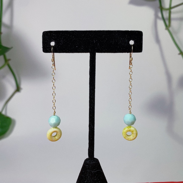 Pastel Donut Drop Earrings ~ pastel aqua faceted swarovski crystal and olive jade donut gold filled long dangle earrings