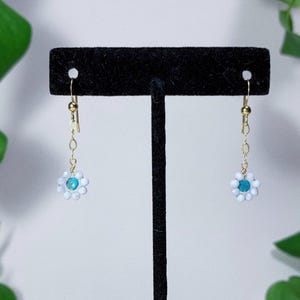 crystal flower dangles ~ natural faceted turquoise + pale blue chalcedony flower shape gold-filled dangle earrings