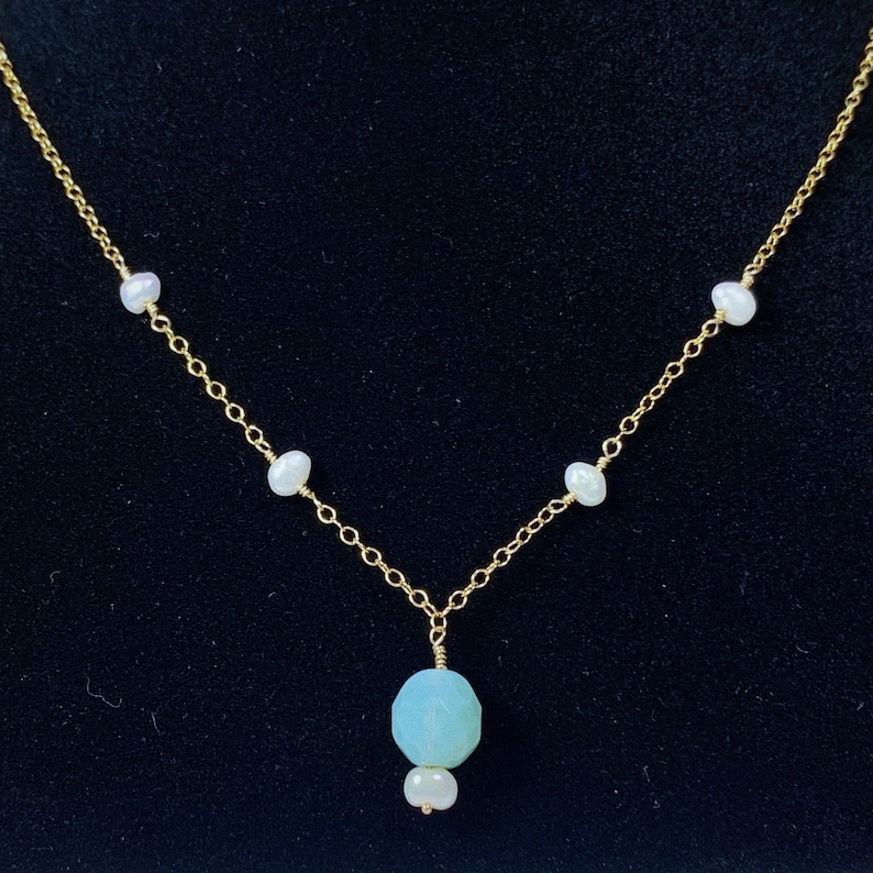 Moon Rock Charm Necklace ~ vintage opalescent czech glass freshwater pearl pendent adjustable gold-filled layering necklace