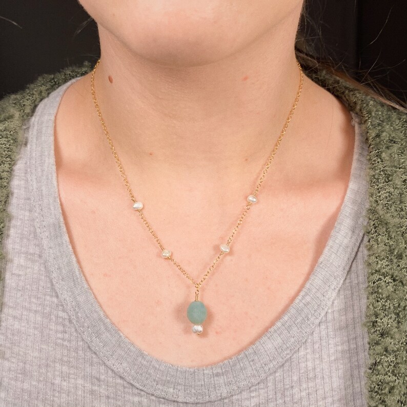 Moon Rock Charm Necklace ~ vintage opalescent czech glass freshwater pearl pendent adjustable gold-filled layering necklace