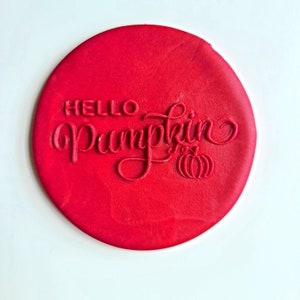 May include: A red round silicone stamp with the text "HELLO PUMPKIN" in a cursive font with a small pumpkin image below the text.