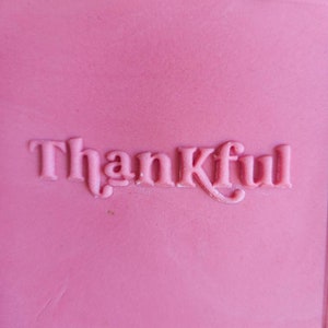 Op de afbeelding: Roze klei met het woord "Thankful" in reliëf in wit.