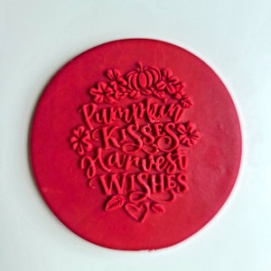 Op de afbeelding: Ronde rode siliconen stempel met de tekst "Pumpkin Kisses Harvest Wishes" in een decoratief lettertype. De stempel bevat ook een kleine pompoen, bladeren en harten.