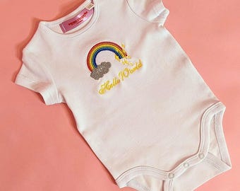Hello World Embroidered Baby Grow | Rainbow Baby Grow | Embroidered Newborn Baby Grow | Unisex Baby Grow | Baby Sleepsuit | Baby Bodysuit