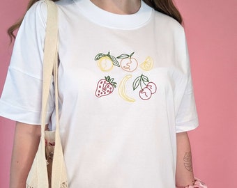 Feeling Fruity T-Shirt | Embroidered Fruit T-Shirt | Spring T-shirt | Summer T-Shirt | Unisex Embroidered T-Shirt | Organic Cotton T-Shirt