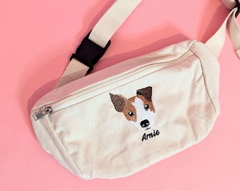 Sac banane en coton bio avec portrait d'animal de compagnie | Sac brodé personnalisé pour animal de compagnie | Sac de promenade pour animal de compagnie | Sac pour animaux de compagnie | Sac banane | Sac banane brodé